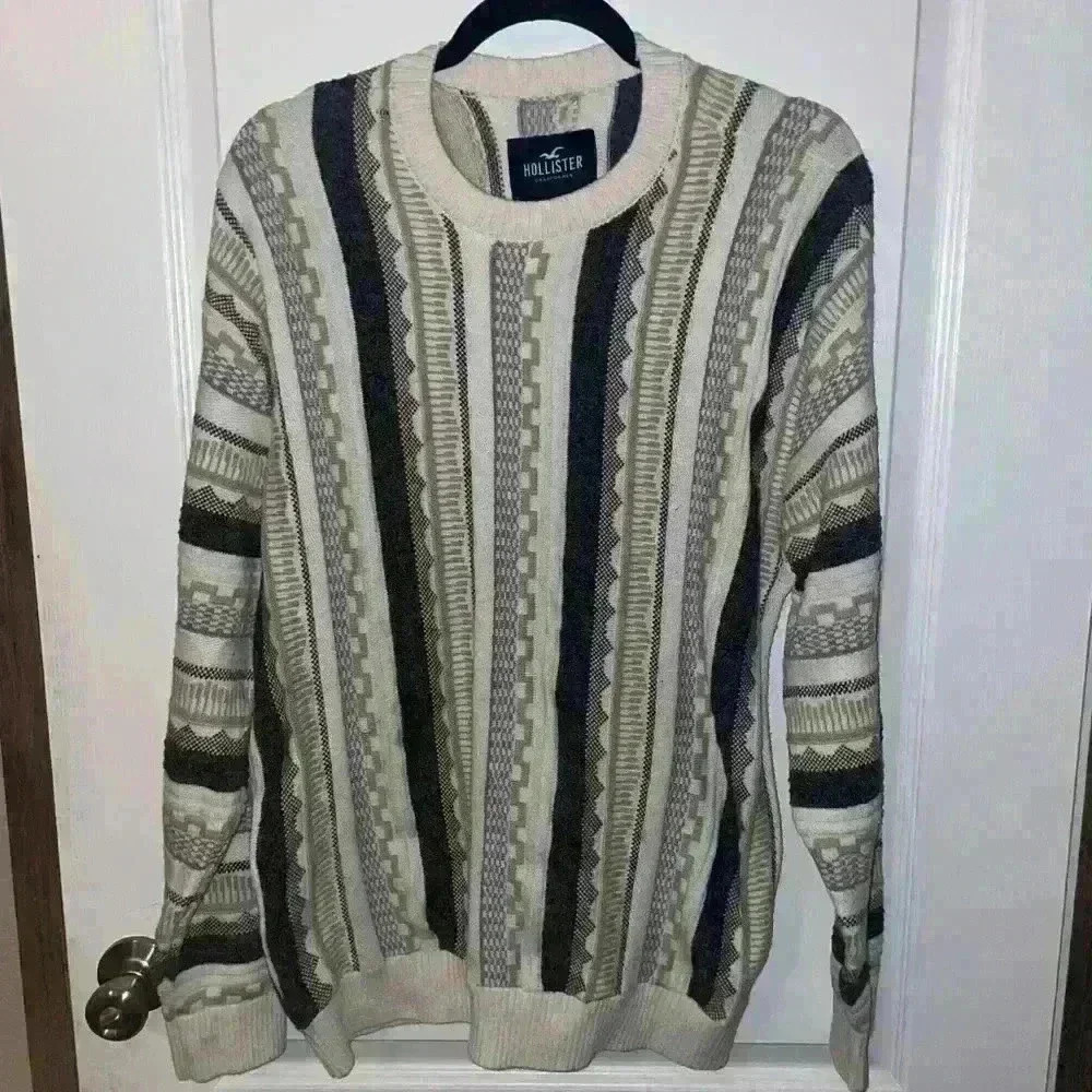 Hollister textured knit‎ vertical striped grandpa sweater size large